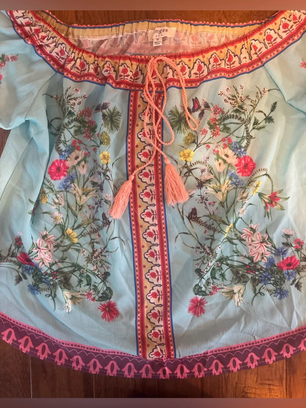 Umgee Mint Off-Shoulder Floral Peasant Blouse with Coral Trim - Picture 4 of 7